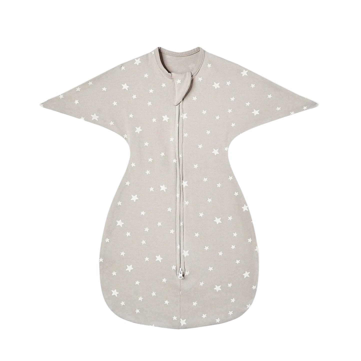 Neutral beige cotton baby sleep sack with white star pattern, featuring an arms-up swaddle transition design and two-way zipper