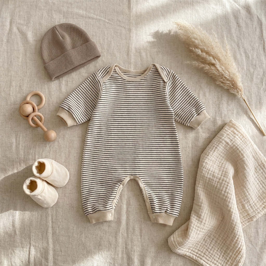 Styled flat lay of the Oat & Onyx striped baby romper paired with a neutral beanie, knit booties, and a wooden rattle.
