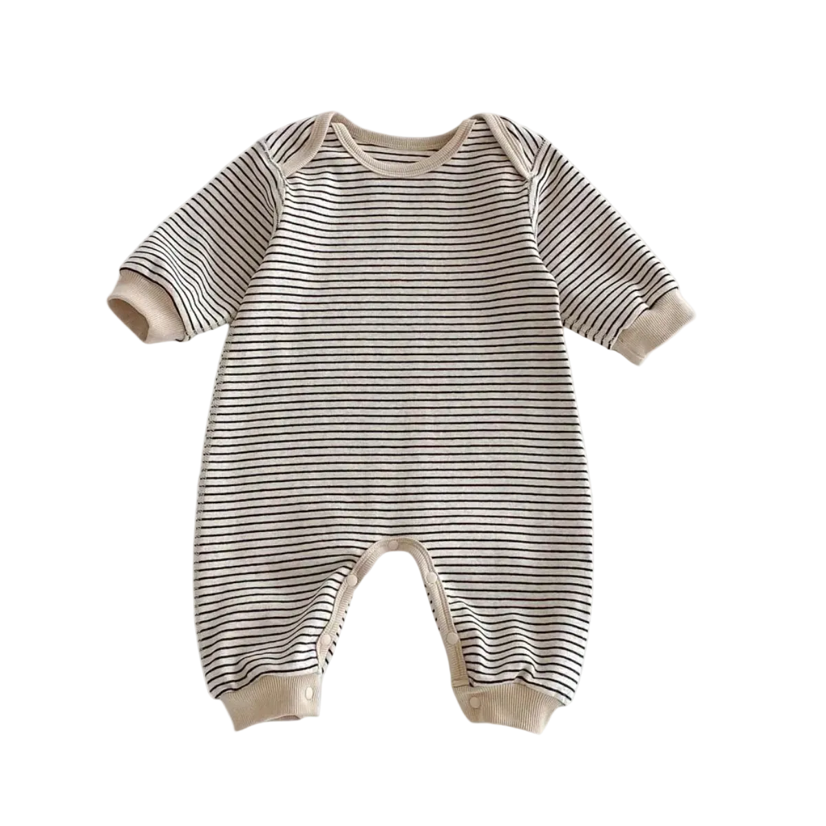 Front view of the neutral striped baby romper in Oat & Onyx featuring a cream base with black stripes.
