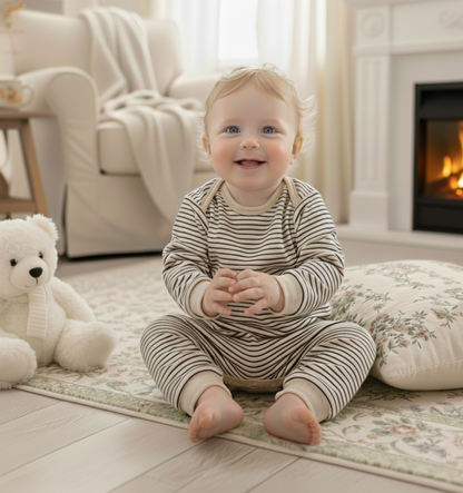 Happy baby sitting in a living room wearing the soft cotton striped infant jumpsuit in Oat & Onyx.