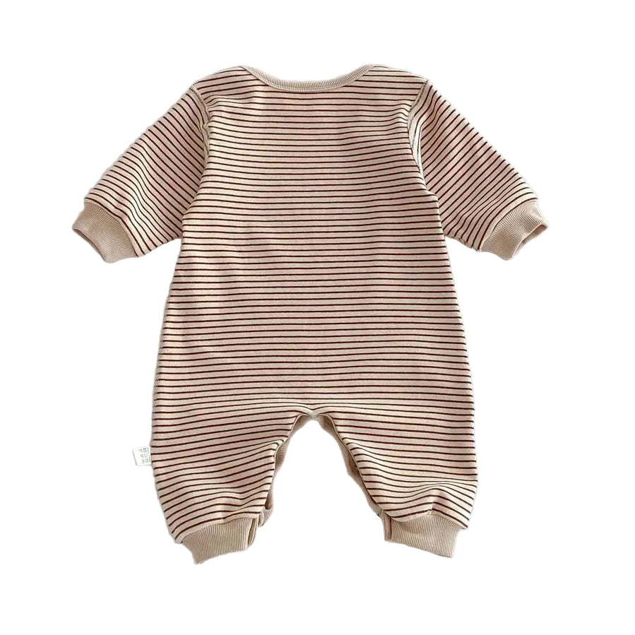 Back view of the long-sleeve neutral striped baby romper in Toasted Latte.