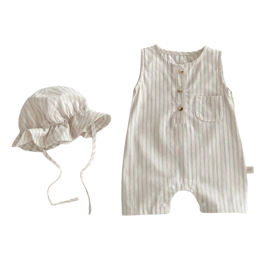 Neutral Ticking-Stripe Sleeveless Baby Romper with Matching Sun Hat - 100% Cotton (0-24M)