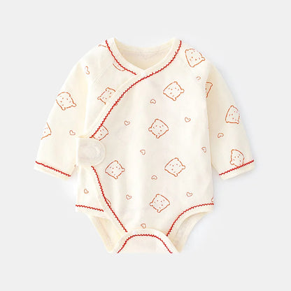 Long sleeve baby bodysuit featuring a cute line-art pattern of bears and toast slices with red contrast piping.