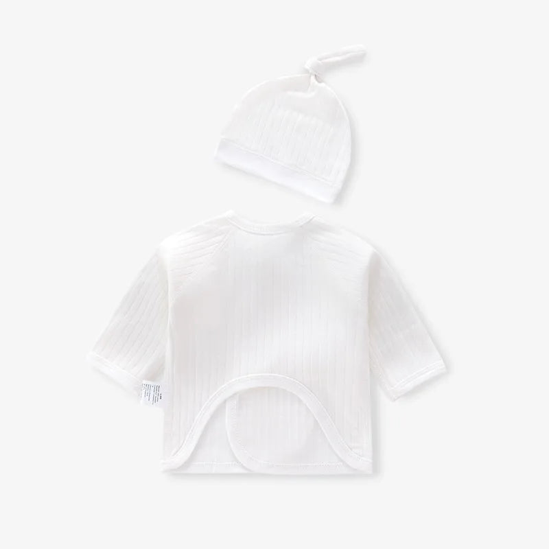 Back view of cream white newborn kimono set showing smooth ribbed texture and seamless back for sleeping comfort.