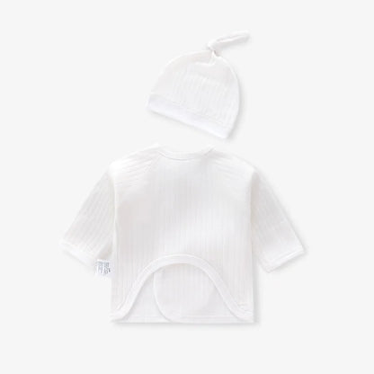 Back view of cream white newborn kimono set showing smooth ribbed texture and seamless back for sleeping comfort.