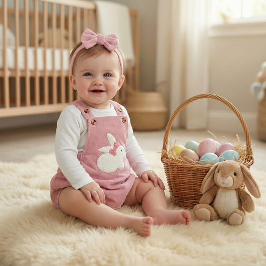 Baby Girl Easter Bunny Embroidered Corduroy Romper - Pink Sleeveless Jumpsuit Overalls, (0-18M)