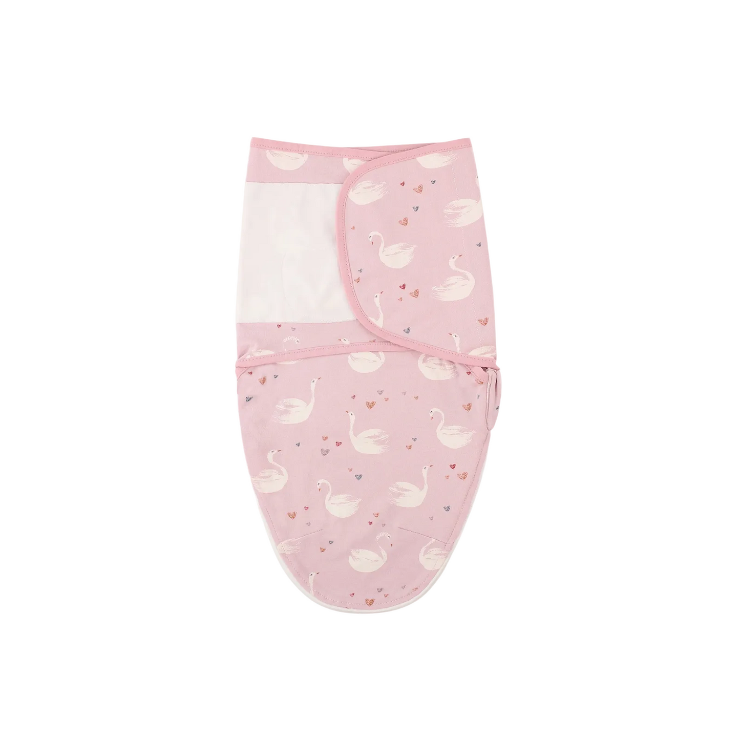 pink swan print cotton swaddle sleep sack with secure velcro wrap.