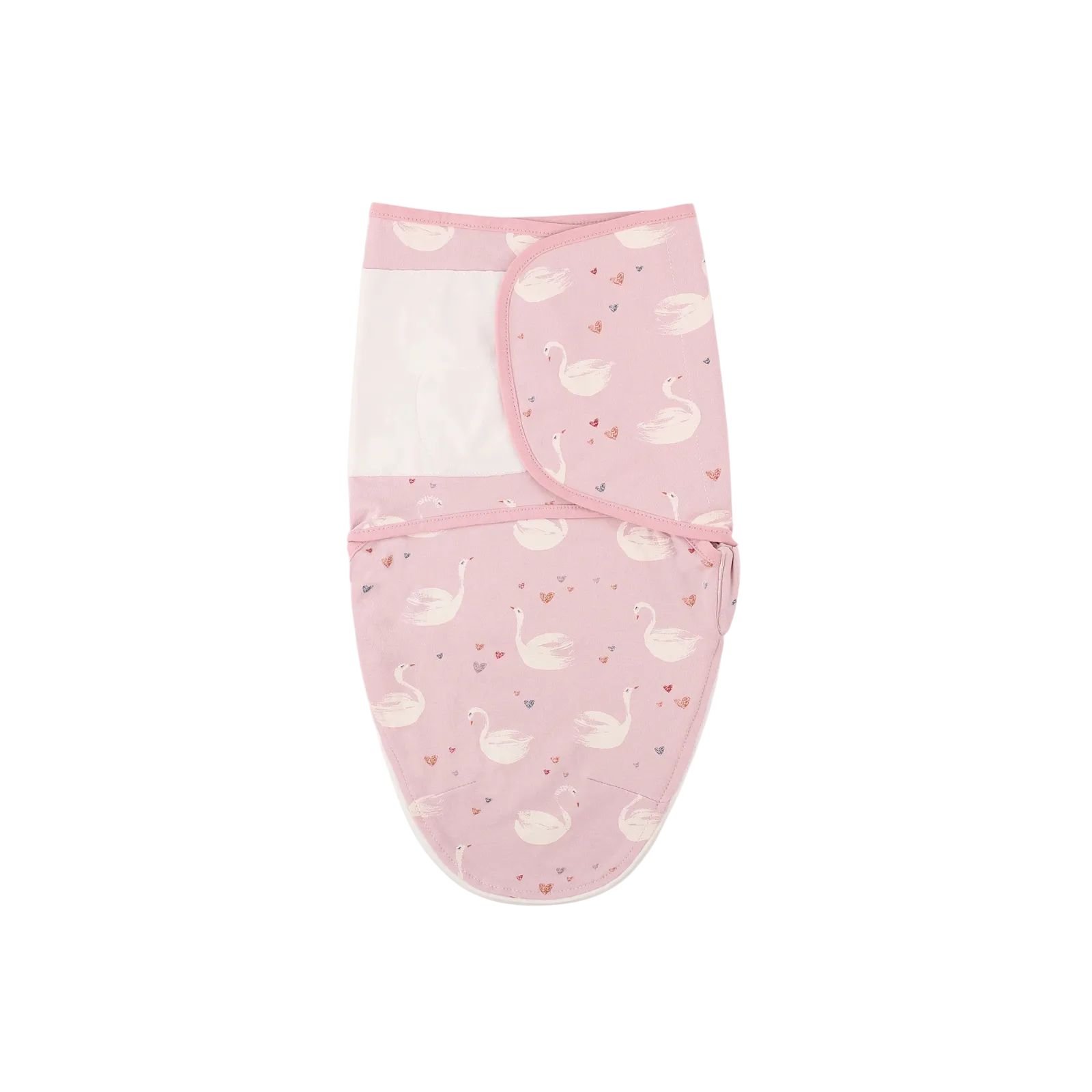 pink swan print cotton swaddle sleep sack with secure velcro wrap.