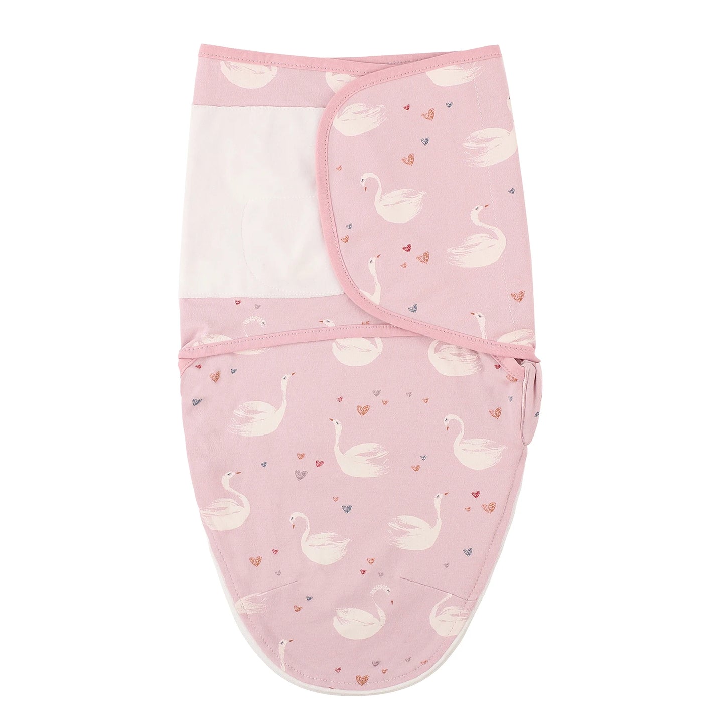 Pink Swan pattern newborn swaddle sleep sack made of 100% cotton, featuring adjustable silent velcro wings with pink trim.