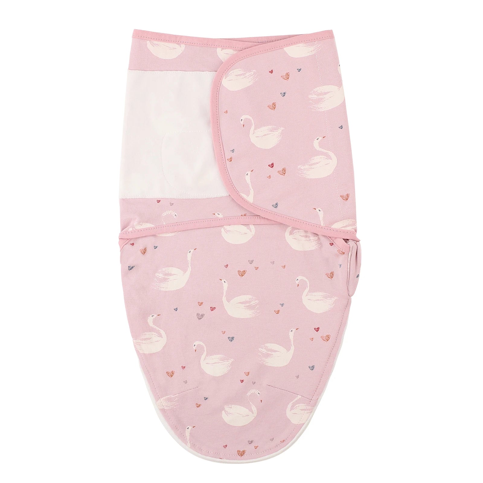 Pink Swan pattern newborn swaddle sleep sack made of 100% cotton, featuring adjustable silent velcro wings with pink trim.