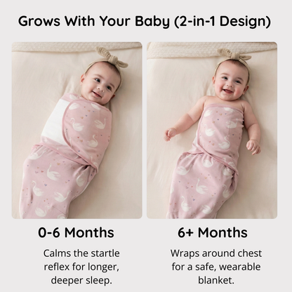2-in-1 swaddle usage guide showing 0-6 month arms-in swaddle to calm startle reflex versus 6+ month arms-out wearable blanket mode.