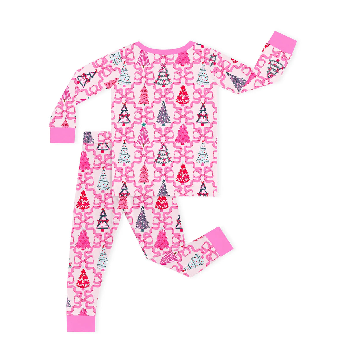 Soft Bamboo Viscose Toddler Two-Piece Pajama Set - Pink Christmas Trees & Ribbon Bows (2-4T)