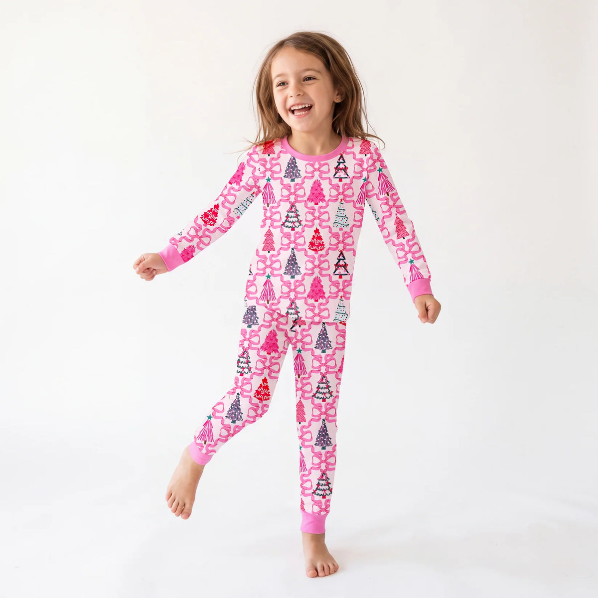 Soft Bamboo Viscose Toddler Two-Piece Pajama Set - Pink Christmas Trees & Ribbon Bows (2-4T)
