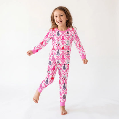Soft Bamboo Viscose Toddler Two-Piece Pajama Set - Pink Christmas Trees & Ribbon Bows (2-4T)