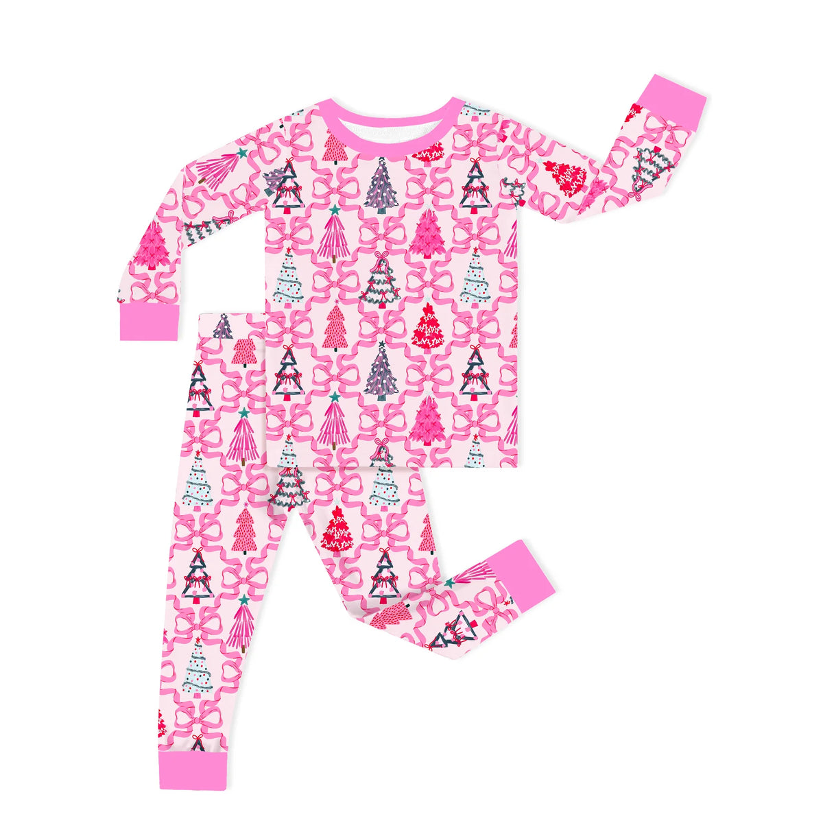 Soft Bamboo Viscose Toddler Two-Piece Pajama Set - Pink Christmas Trees & Ribbon Bows (2-4T)