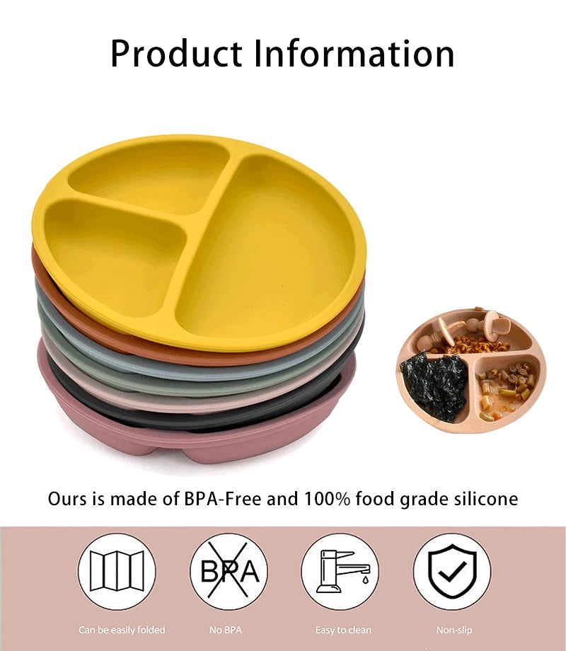 Stack of silicone divided plates in various colors with product information text.