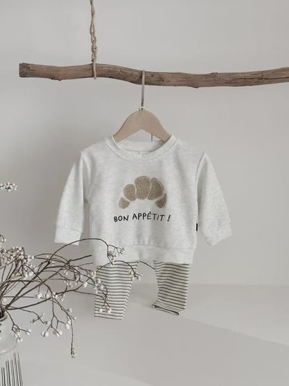 Bon Appétit Croissant Baby Set | French Style Cotton Top & Striped Leggings (6M-3T)