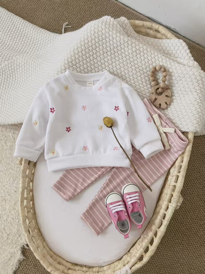 Video thumbnail showing a flat lay of the white floral sweatshirt and striped leggings set in a woven baby basket with pink shoes.