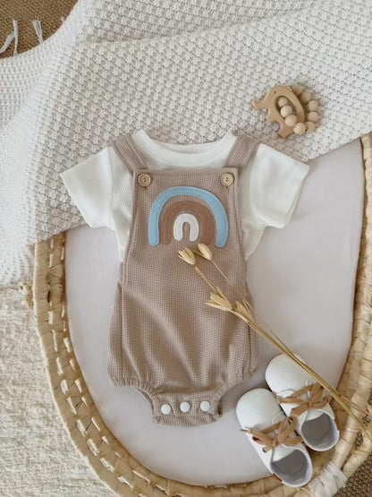 Infant Rainbow Appliqué Waffle Romper Set with Criss-Cross Back & Snap Bottoms (1-18M)