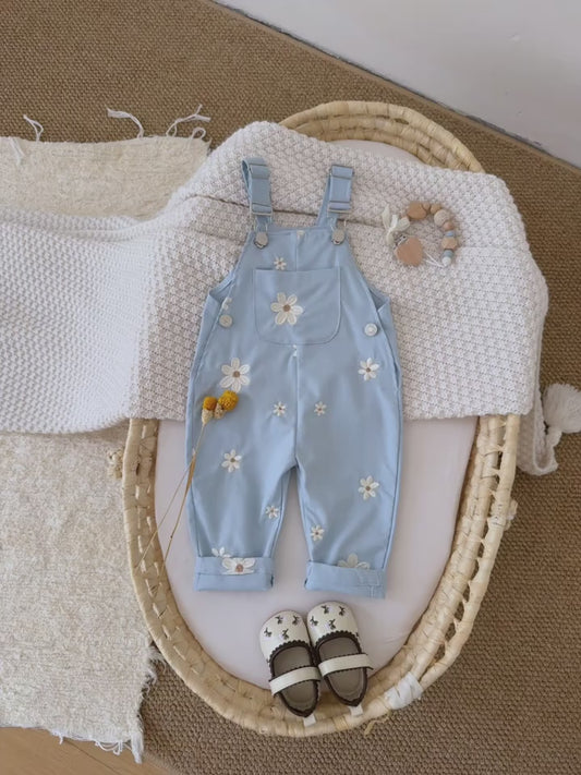 Toddler Blue Daisy Overalls - Floral Embroidered Baby Jumpsuit with Pockets (6M-3T)