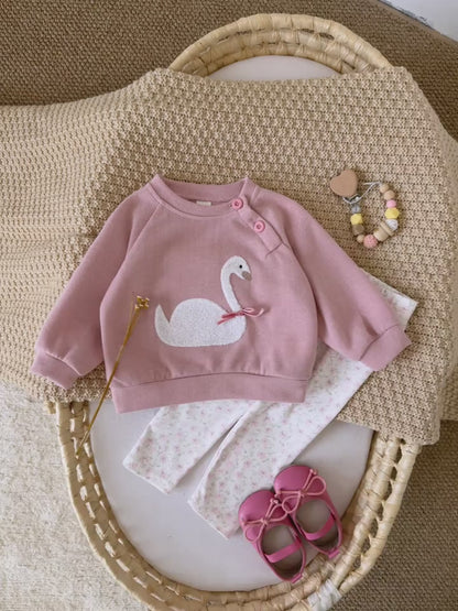 Baby Girl Swan Embroidery Pullover & Floral Print Leggings Outfit Set (6M-3T)