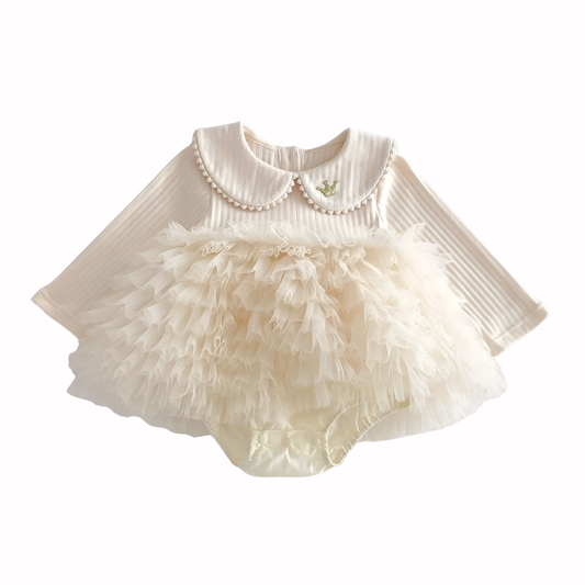 Baby Girl Princess Tulle Dress Bodysuit - Cream Peter Pan Collar Romper with Gold Crown (3-24M)
