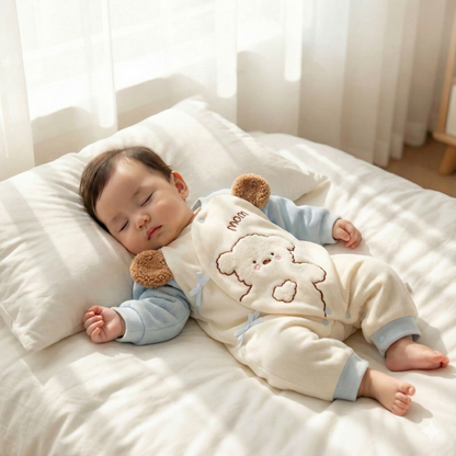 Sleeping baby wearing blue and cream quilted bear kimono romper lying comfortably on a soft white pillow.