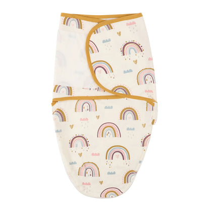 Rainbow pattern newborn swaddle sleep sack made of 100% cotton, featuring adjustable silent velcro wings with yellow trim.