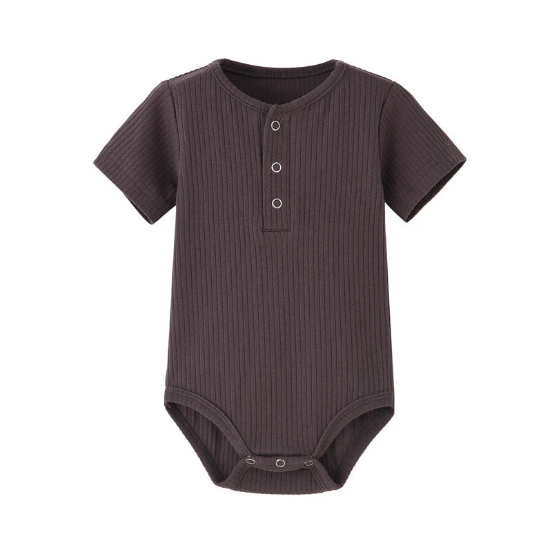 Mushroom taupe brownish-gray ribbed cotton baby boy jumpsuit with reinforced stitching.