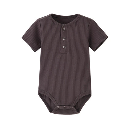Mushroom taupe brownish-gray ribbed cotton baby boy jumpsuit with reinforced stitching.