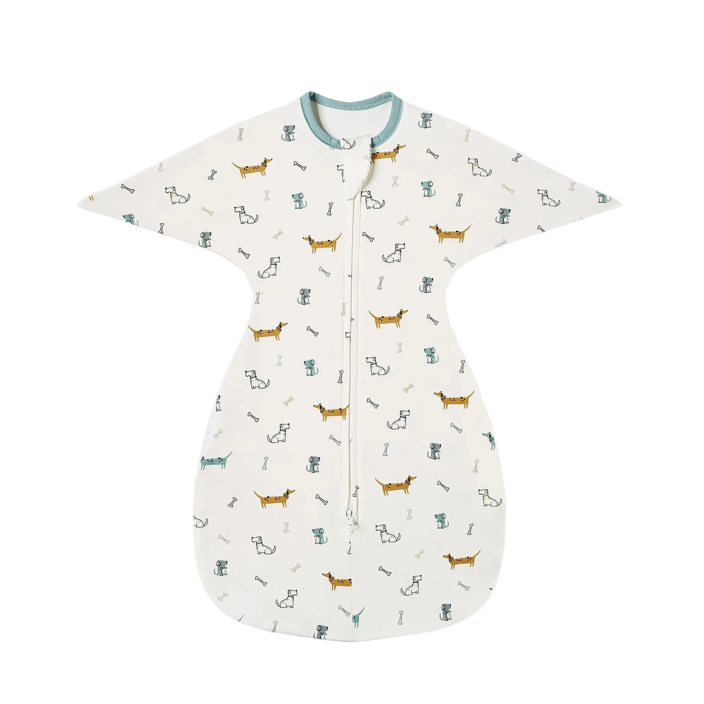 White baby sleeping bag with cute dachshund sausage dog pattern and teal trim.