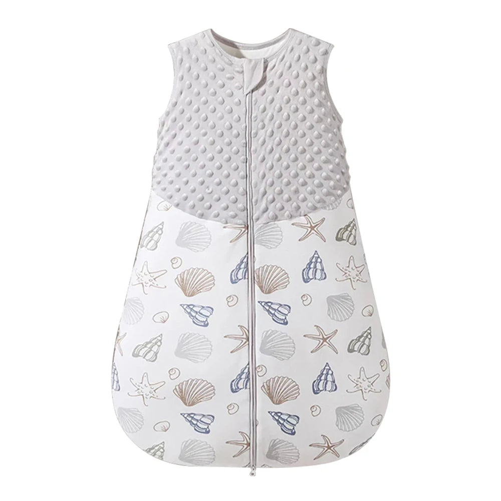 Seashell Bay coastal print baby sleep sack featuring starfish and shells with grey sensory texture.