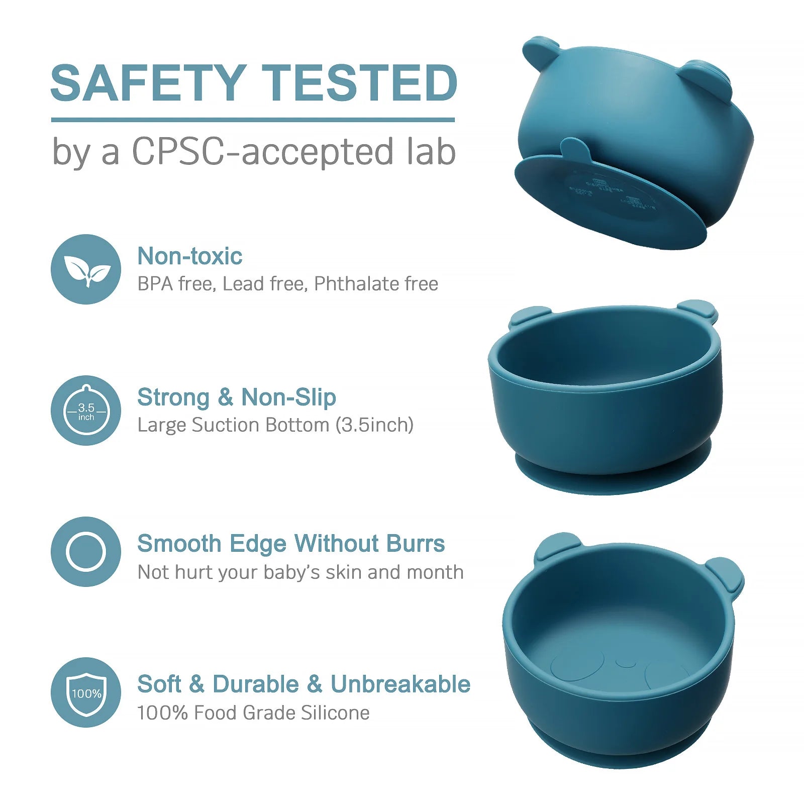 Blue silicone cup with safety features highlighted on a white background