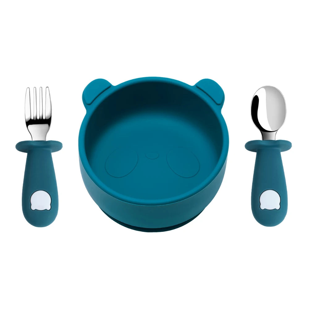 Children's blue dining set with bowl, fork, and spoon on a white background