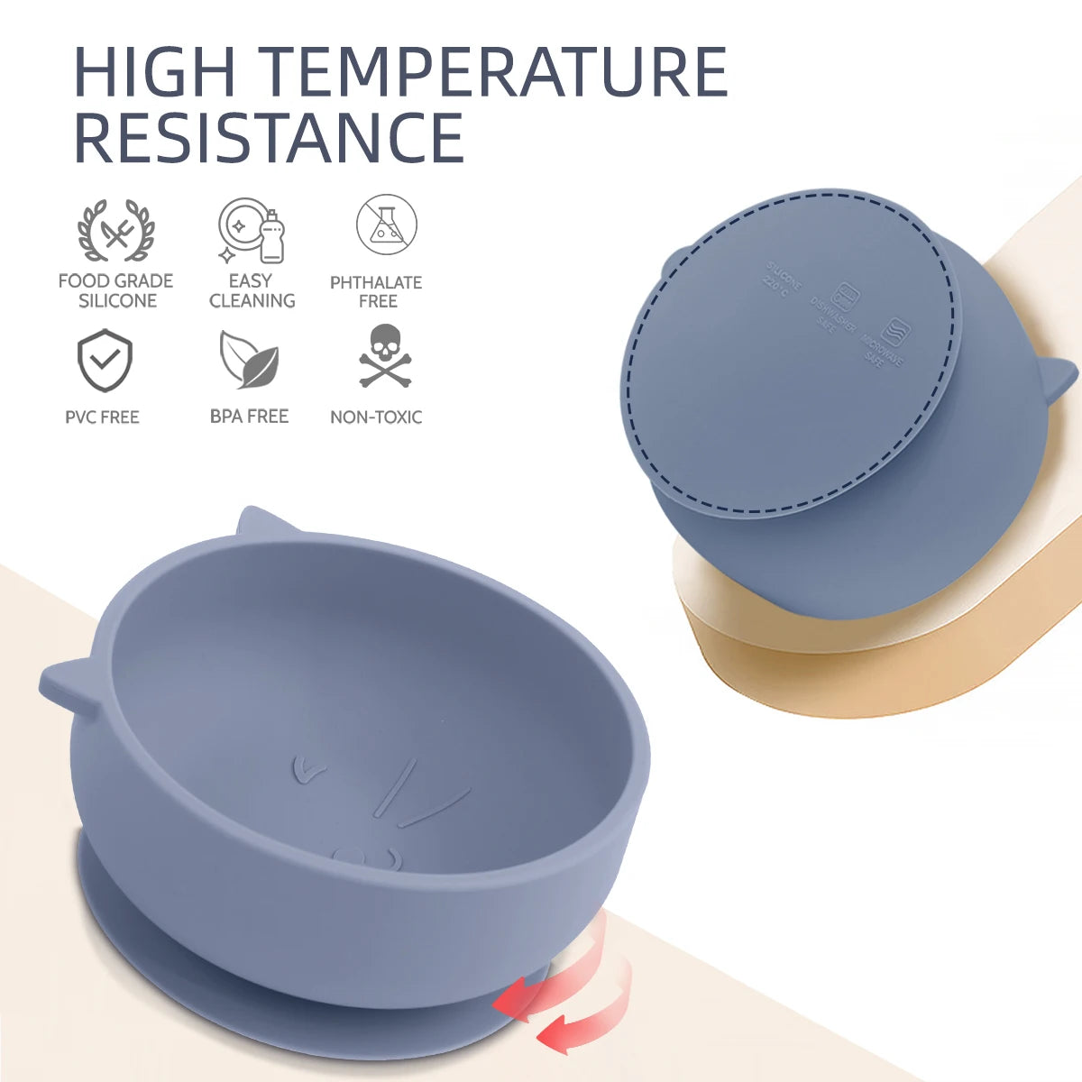 Blue silicone bowl with lid on a white background, featuring high temperature resistance icons and text.