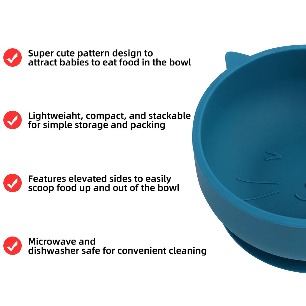 Blue baby bowl with features listed on a white background