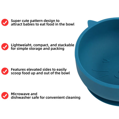 Blue baby bowl with features listed on a white background