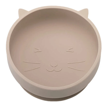 Khaki cat-shaped bowl with embossed features on a white background