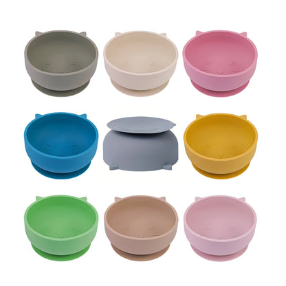 Silicone baby suction bowl shaped like a cat head with pointed ears, shown on a plain background.