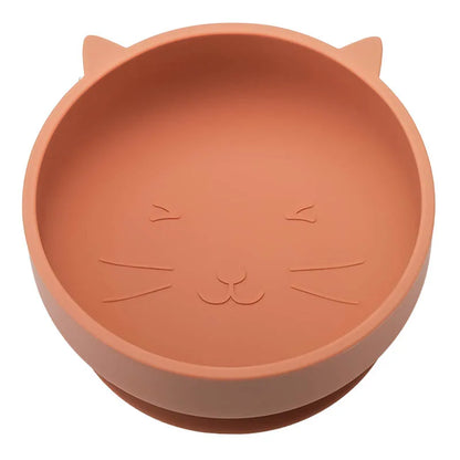 Orange silicone cat bowl with embossed face on a white background
