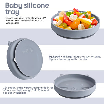 Baby silicone tray with fruit, featuring text about its safety and design.