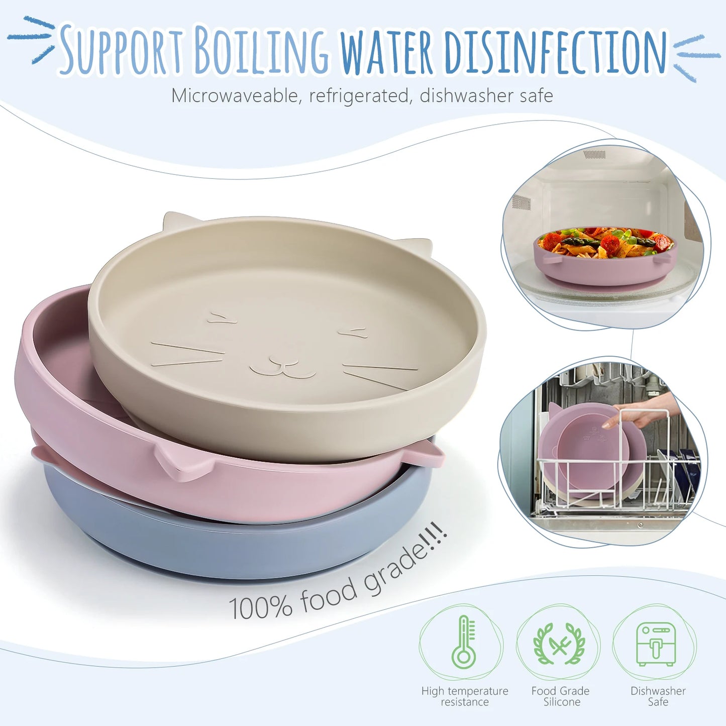 Set of three silicone dishes with cat face design, stacked on a white background.