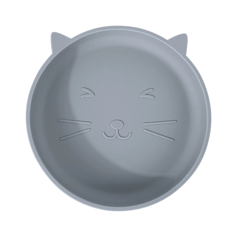 Gray plate shaped like a cat face on a white background