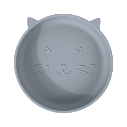Gray plate shaped like a cat face on a white background