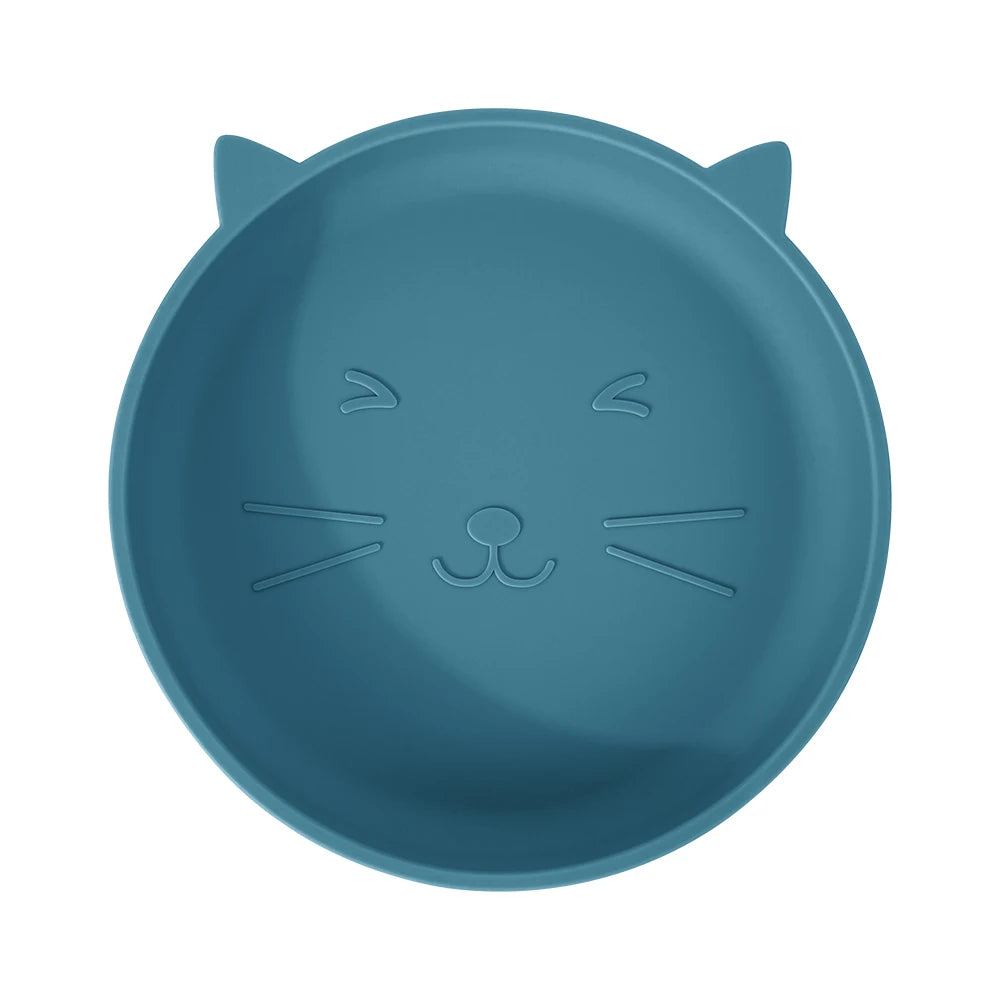 Blue pet plate with cat face design on a white background