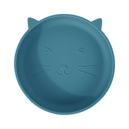 Blue pet plate with cat face design on a white background