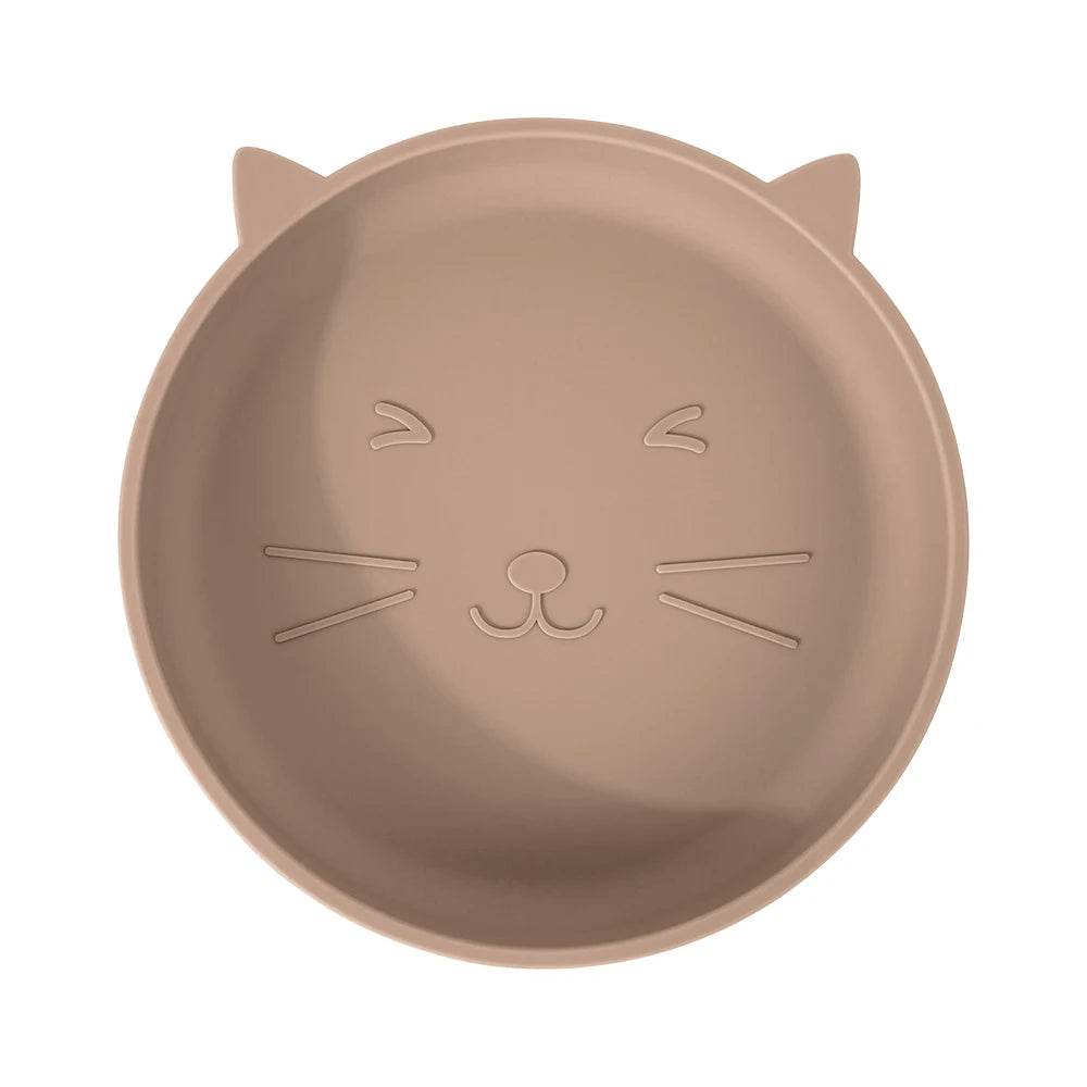 Khaki cat-shaped plate with embossed facial features on a white background