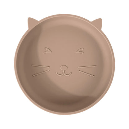 Khaki cat-shaped plate with embossed facial features on a white background