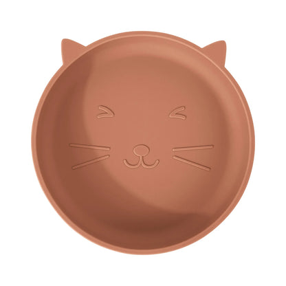 Silicone cat plate with a face design on a white background