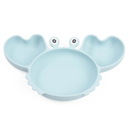 Silicone divided baby plate shaped like a crab with suction base, shown on a plain background.
